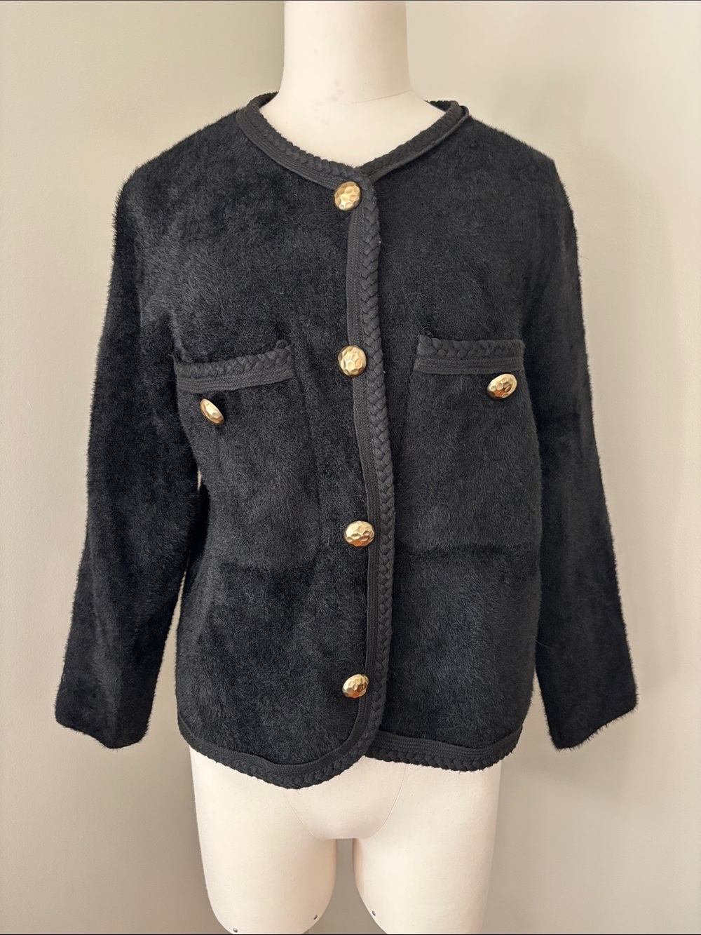 Black Faux-Fur Collarless Button Jacket/Blazer Sz M